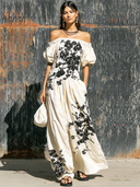Women's Retro Casual Vacation Style Printed Ruffle Off-Shoulder Short Sleeve Maxi Dress ZMZ2289E5ZJY