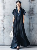 Women's Retro Casual Satin Velvet Patchwork V-Neck Short Sleeve Maxi Dress ZMZ2224E4ZJY
