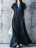 Women's Retro Casual Satin Velvet Patchwork V-Neck Short Sleeve Maxi Dress ZMZ2224E4ZJY