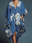 Women's Loose-Fit Striped & Floral Print V-Neck Short-Sleeve Midi Dress ZMZ2137E3XT