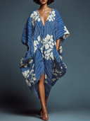Women's Loose-Fit Striped & Floral Print V-Neck Short-Sleeve Midi Dress ZMZ2137E3XT