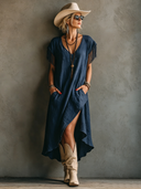 Women's Retro Ethnic Style Dark Blue Denim Fringe Slit Midi Dress ZMZ2216E6SWL