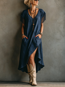 Women's Retro Ethnic Style Dark Blue Denim Fringe Slit Midi Dress ZMZ2216E6SWL