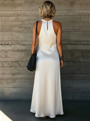 Women's Minimalist And Elegant White Acetate Satin V-neck Sleeveless High Slit Maxi Dress ZMZ2206E1SWL