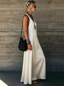 Women's Minimalist And Elegant White Acetate Satin V-neck Sleeveless High Slit Maxi Dress ZMZ2206E1SWL