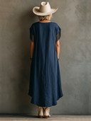Women's Retro Ethnic Style Dark Blue Denim Fringe Slit Midi Dress ZMZ2216E6SWL