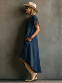 Women's Retro Ethnic Style Dark Blue Denim Fringe Slit Midi Dress ZMZ2216E6SWL