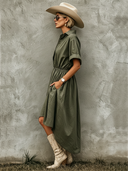 Women's Classic Blended Army Green Short-Sleeved Elastic Waist Midi Dress ZMZ2261E5SWL