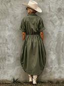 Women's Classic Blended Army Green Short-Sleeved Elastic Waist Midi Dress ZMZ2261E5SWL
