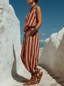 Women's Boho Vertical Stripe Print Linen-Blend Cami Top & Harem Pants Co-ord Set ZMZ2275E6YZH