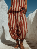 Women's Boho Vertical Stripe Print Linen-Blend Cami Top & Harem Pants Co-ord Set ZMZ2275E6YZH