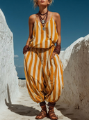 Women's Boho Vertical Stripe Print Linen-Blend Cami Top & Harem Pants Co-ord Set ZMZ2275E6YZH