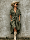 Women's Classic Blended Army Green Short-Sleeved Elastic Waist Midi Dress ZMZ2261E5SWL