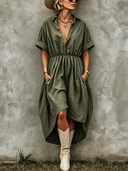 Women's Classic Blended Army Green Short-Sleeved Elastic Waist Midi Dress ZMZ2261E5SWL