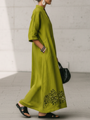 Women's Vintage Casual Openwork Hem Embroidery V-Neck Short-Sleeve Cotton-Linen Maxi Dress ZMZ2116E9ZYY