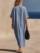 Women's Casual Retro Tencel Denim Dress — V-Neck, Short Sleeve, Embroidered, Loose-Fit Maxi Dress ZMZ2113E1ZYY