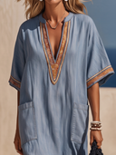 Women's Casual Retro Tencel Denim Dress — V-Neck, Short Sleeve, Embroidered, Loose-Fit Maxi Dress ZMZ2113E1ZYY