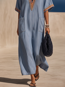 Women's Casual Retro Tencel Denim Dress — V-Neck, Short Sleeve, Embroidered, Loose-Fit Maxi Dress ZMZ2113E1ZYY
