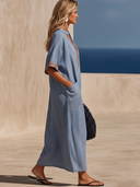 Women's Casual Retro Tencel Denim Dress — V-Neck, Short Sleeve, Embroidered, Loose-Fit Maxi Dress ZMZ2113E1ZYY