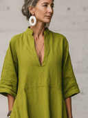 Women's Vintage Casual Openwork Hem Embroidery V-Neck Short-Sleeve Cotton-Linen Maxi Dress ZMZ2116E9ZYY
