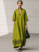 Women's Vintage Casual Openwork Hem Embroidery V-Neck Short-Sleeve Cotton-Linen Maxi Dress ZMZ2116E9ZYY