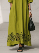 Women's Vintage Casual Openwork Hem Embroidery V-Neck Short-Sleeve Cotton-Linen Maxi Dress ZMZ2116E9ZYY