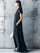 Women's Retro Casual Satin Velvet Patchwork V-Neck Short Sleeve Maxi Dress ZMZ2224E4ZJY