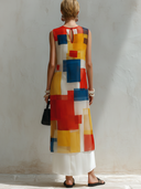 Women's Fashion & Casual Artistic Print Chiffon  Round Neck, Sleeveless, Maxi Dress ZMZ2130E2ZYY