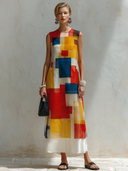 Women's Fashion & Casual Artistic Print Chiffon  Round Neck, Sleeveless, Maxi Dress ZMZ2130E2ZYY
