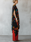 Women's Fashion Casual Outfit: Colorful Polka Dot Print Chiffon Short-Sleeve Top With Round Neckline And Cotton-Linen Wide-Leg Pants Set ZMZ2184E2ZYY