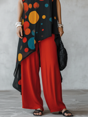 Women's Fashion Casual Outfit: Colorful Polka Dot Print Chiffon Short-Sleeve Top With Round Neckline And Cotton-Linen Wide-Leg Pants Set ZMZ2184E2ZYY