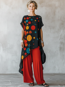 Women's Fashion Casual Outfit: Colorful Polka Dot Print Chiffon Short-Sleeve Top With Round Neckline And Cotton-Linen Wide-Leg Pants Set ZMZ2184E2ZYY