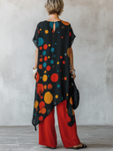 Women's Fashion Casual Outfit: Colorful Polka Dot Print Chiffon Short-Sleeve Top With Round Neckline And Cotton-Linen Wide-Leg Pants Set ZMZ2184E2ZYY
