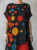 Women's Fashion Casual Outfit: Colorful Polka Dot Print Chiffon Short-Sleeve Top With Round Neckline And Cotton-Linen Wide-Leg Pants Set ZMZ2184E2ZYY