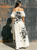 Women's Retro Casual Vacation Style Printed Ruffle Off-Shoulder Short Sleeve Maxi Dress ZMZ2289E5ZJY