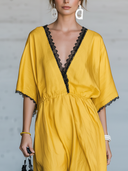 Women's Fashion Vintage-Style V-Neck, Short Sleeves, And Lace Splicing At Neckline And Cuffs Tencel-Cotton Blend Maxi Dress ZMZ2132E6ZYY