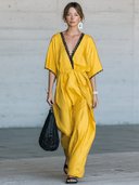 Women's Fashion Vintage-Style V-Neck, Short Sleeves, And Lace Splicing At Neckline And Cuffs Tencel-Cotton Blend Maxi Dress ZMZ2132E6ZYY