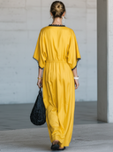 Women's Fashion Vintage-Style V-Neck, Short Sleeves, And Lace Splicing At Neckline And Cuffs Tencel-Cotton Blend Maxi Dress ZMZ2132E6ZYY