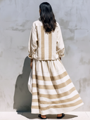 Women's Retro Casual Cotton Linen Loose Striped Long-Sleeve Shirt And Skirt Set ZMZ2261E3ZJY