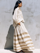 Women's Retro Casual Cotton Linen Loose Striped Long-Sleeve Shirt And Skirt Set ZMZ2261E3ZJY