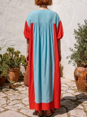 Women's Bohemian Vacation Style Linen-Cotton Color-Block Puff Sleeve V-Neck Maxi Dress ZMZ2181E6YZH