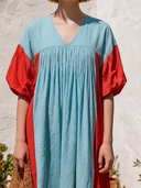 Women's Bohemian Vacation Style Linen-Cotton Color-Block Puff Sleeve V-Neck Maxi Dress ZMZ2181E6YZH