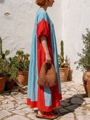 Women's Bohemian Vacation Style Linen-Cotton Color-Block Puff Sleeve V-Neck Maxi Dress ZMZ2181E6YZH