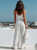 Women's Retro Casual Cotton Linen Ruffled Trim Sleeveless Drawstring Jumpsuit ZMZ2019E9ZJY