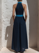Women's Elegant Resort Style Linen-Cotton Contrast Trim Halter Neck Deep V-Neck Maxi Dress ZMZ2152E0YZH