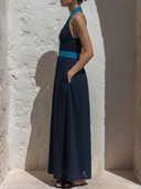 Women's Elegant Resort Style Linen-Cotton Contrast Trim Halter Neck Deep V-Neck Maxi Dress ZMZ2152E0YZH