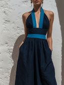 Women's Elegant Resort Style Linen-Cotton Contrast Trim Halter Neck Deep V-Neck Maxi Dress ZMZ2152E0YZH