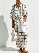 Women's Retro Casual Cotton Linen Plaid Short-Sleeve V-Neck Top And Skirt Set ZMZ2052E7ZJY
