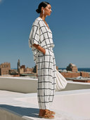 Women's Retro Casual Cotton Linen Plaid Short-Sleeve V-Neck Top And Skirt Set ZMZ2052E7ZJY