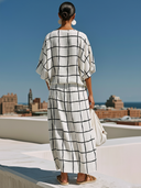 Women's Retro Casual Cotton Linen Plaid Short-Sleeve V-Neck Top And Skirt Set ZMZ2052E7ZJY